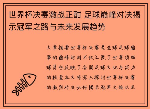 世界杯决赛激战正酣 足球巅峰对决揭示冠军之路与未来发展趋势