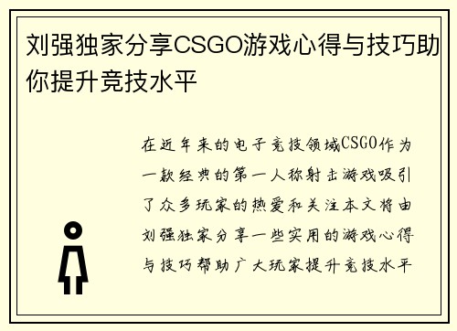 刘强独家分享CSGO游戏心得与技巧助你提升竞技水平