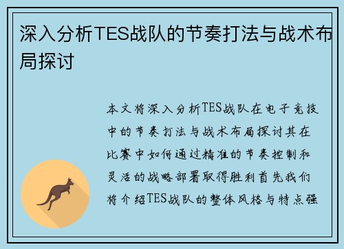 深入分析TES战队的节奏打法与战术布局探讨